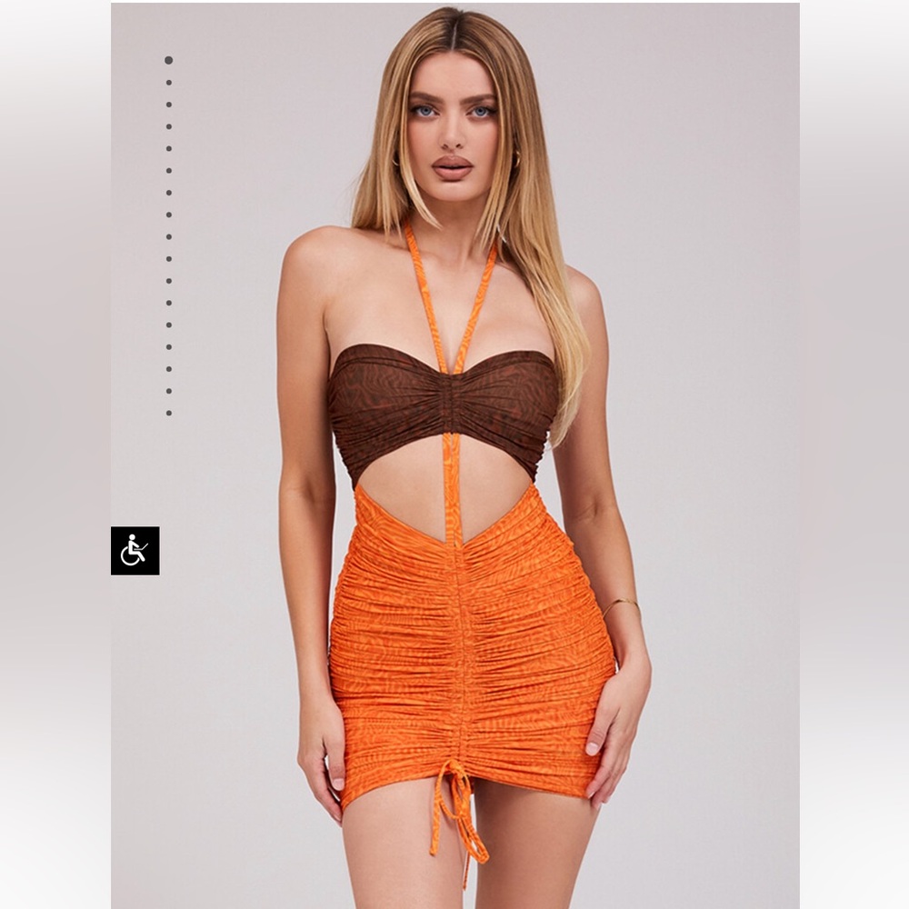 NWT Mistress Rocks Chocolate Orange Print Ruched Halter Mini Dress M